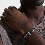 Model Wearing John Hardy Mens Spear Flex Cuff Black Rhodiam Bracelet with Diamonds