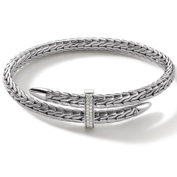 John Hardy Mens Spear Flex Cuff Sterling Silver Bracelet with Diamonds