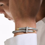 Model Wearing John Hardy Mens Spear Flex Cuff 14k Gold Tipped Sterling Silver Bracelet with Diamonds