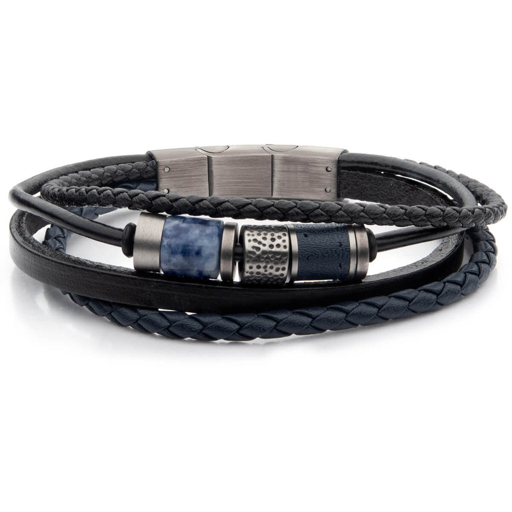 TWO BY FOUR Multi Strand Men's Bracelet with Leather and Blue Sodalite