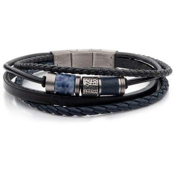 TWO BY FOUR Multi Strand Mens Bracelet with Black Leather and Blue Sodalite
