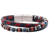 FIREWORKS Triple Strand Mens Bracelet with Black Blue and Red Beads and Leather