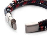 FIREWORKS Triple Strand Mens Bracelet with Black Blue and Red Beads and Leather - Clasp View