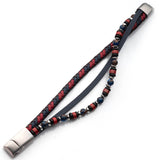 FIREWORKS Triple Strand Mens Bracelet with Black Blue and Red Beads and Leather - Full View