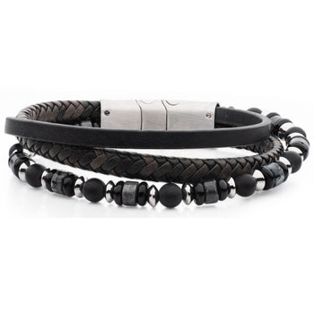 BLACK MANHATTAN Triple Strand Mens Bracelet with Black Onyx and Leather