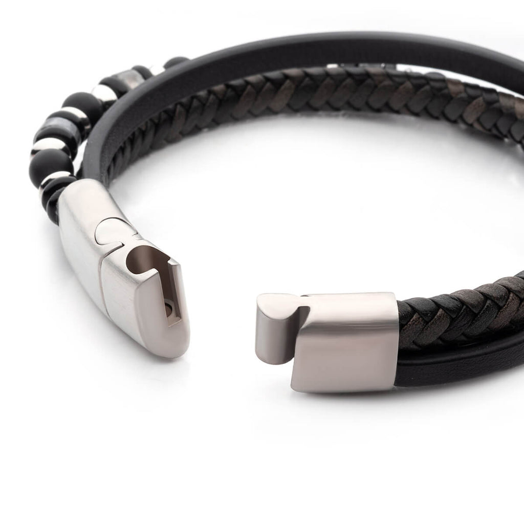 BLACK MANHATTAN Men's Bracelet Triple Strand Black Onyx and Leather