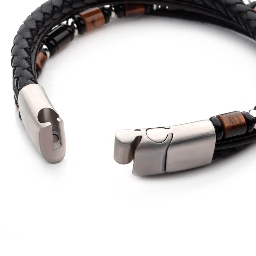AMARETTO Men's Bracelet Multi Strand Tiger Eye and Black Leather