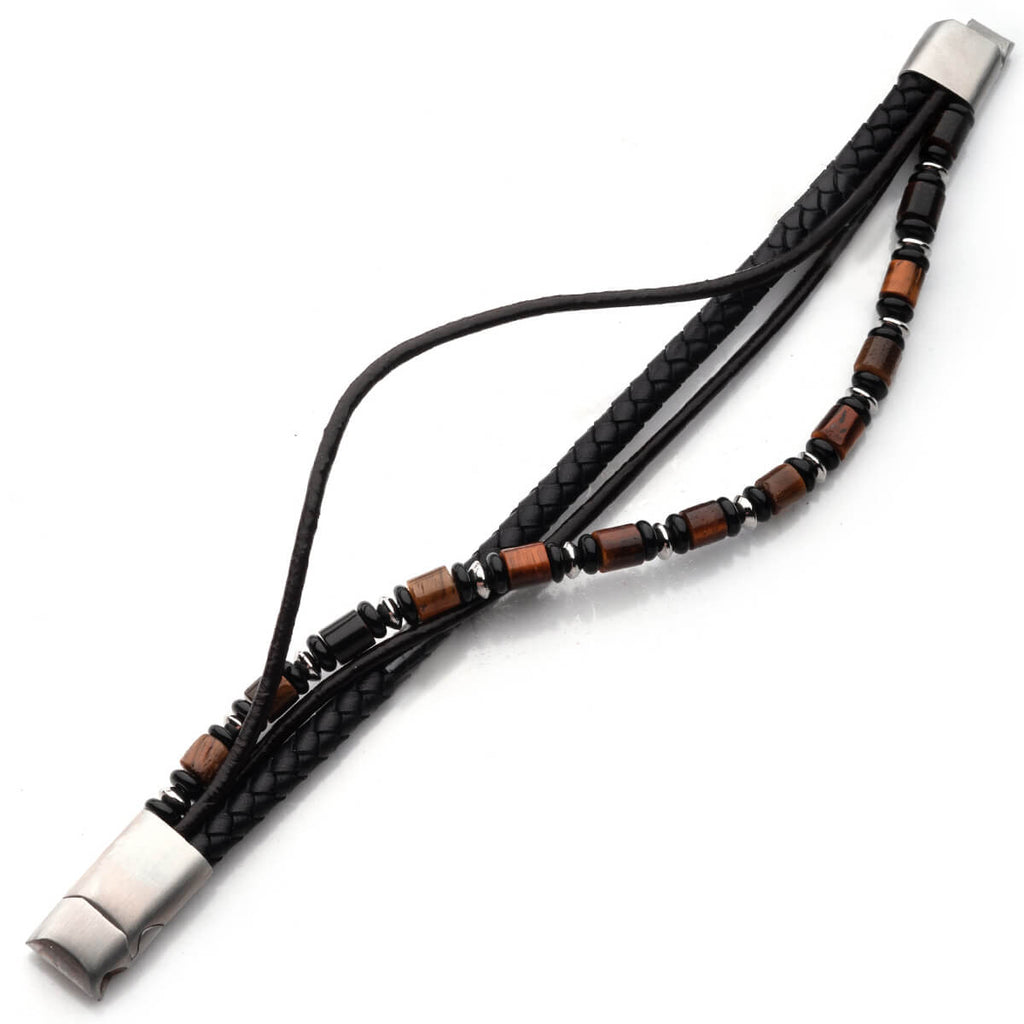 AMARETTO Men's Bracelet Multi Strand Tiger Eye and Black Leather