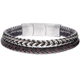 HALF AND HALF Steel Foxtail Link Mens Bracelet with Black and Brown Leather