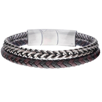 HALF AND HALF Steel Foxtail Link Mens Bracelet with Black and Brown Leather