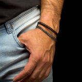 Model Wearing HALF AND HALF Steel Foxtail Link Mens Bracelet with Black and Brown Leather