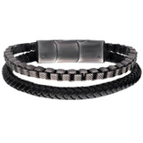 DOUBLE BOGEY Steel Box Link Mens Bracelet with Black Leather