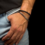 Model Wearing DOUBLE BOGEY Steel Box Link Mens Bracelet with Black Leather