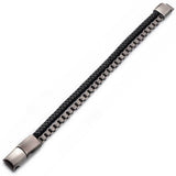 DOUBLE BOGEY Steel Box Link Mens Bracelet with Black Leather - Full View