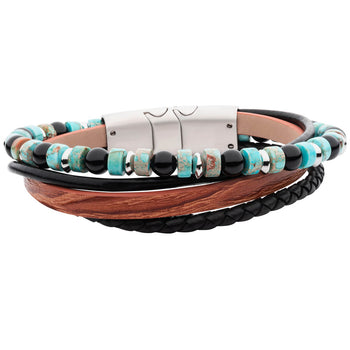 MALIBU SUNSET Multi Strand Mens Bracelet with Leather and Stone Beads