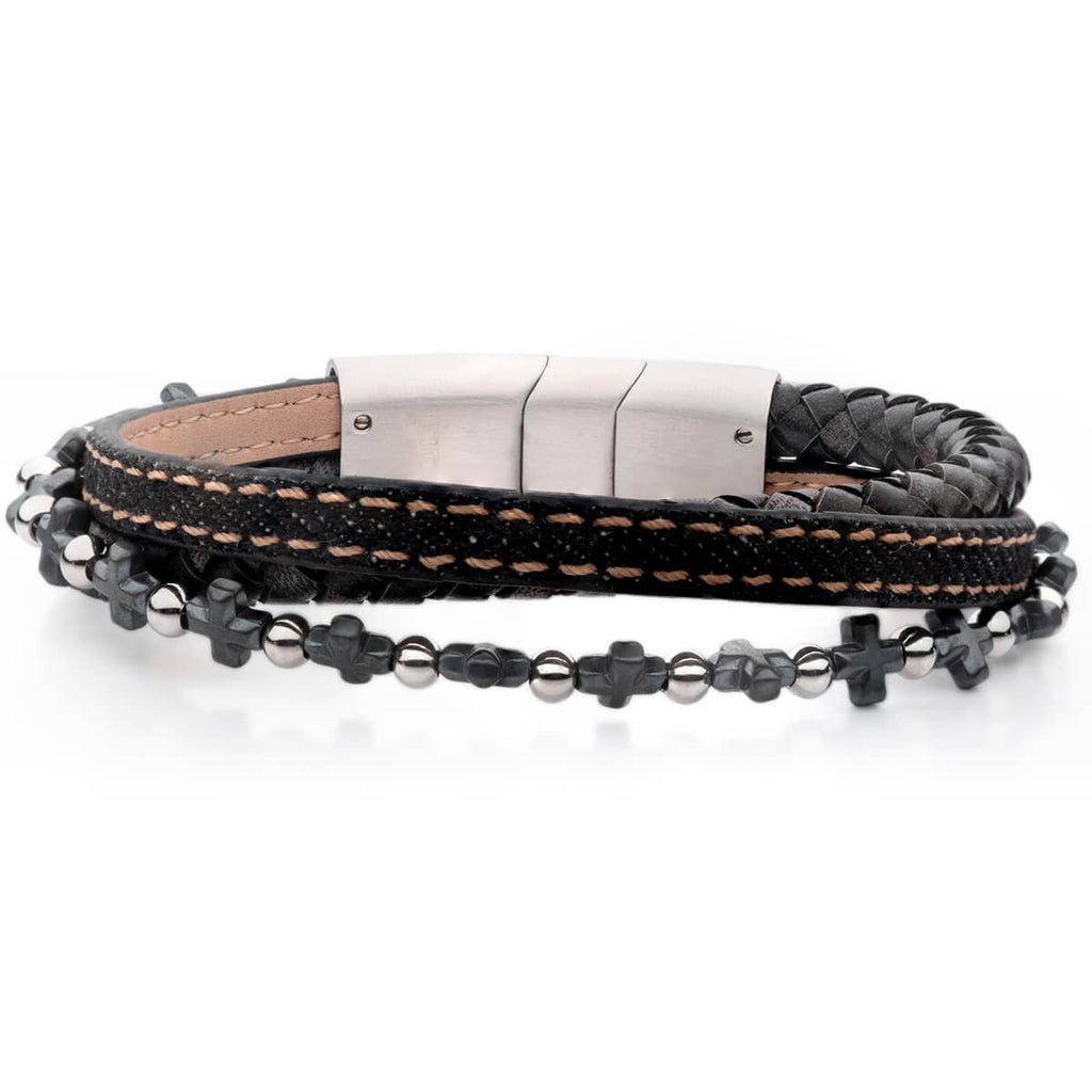 SOUTHERN CROSS Men's Bracelet Triple Strand Hematite and Black Leather
