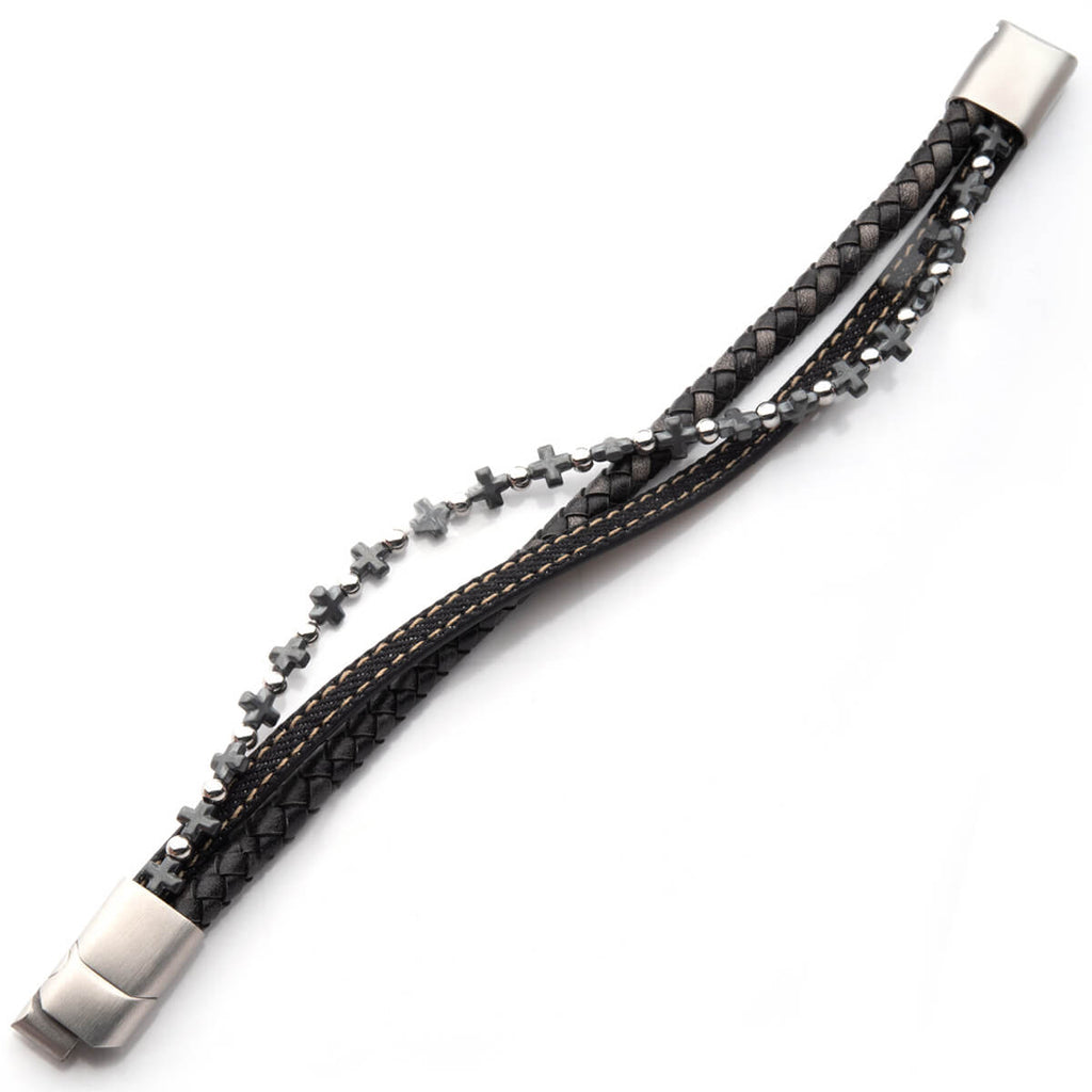SOUTHERN CROSS Men's Bracelet Triple Strand Hematite and Black Leather