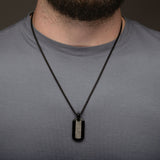 Model Wearing METEOR DOG TAG Mens Necklace in Black Stainless Steel