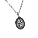 John Varvatos FLEUR-DE-LYS MEDALLION Mens Necklace in Black Diamond and Silver