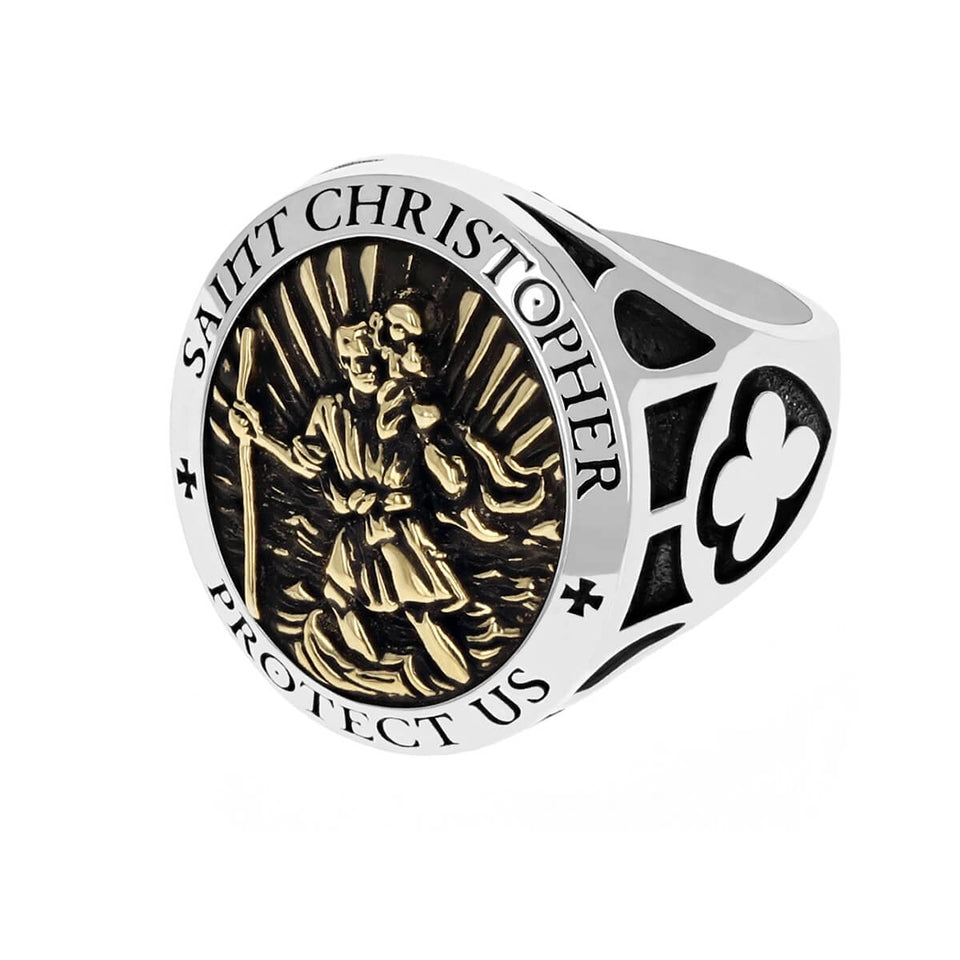 SAINT CHRISTOPHER RING Silver and Gold Alloy Signet Ring for Men by King Baby
