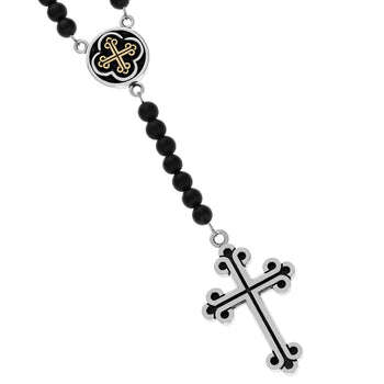 TRADITIONAL CROSS ROSARY Silver and Black Onyx Bead Necklace for Men by King Baby