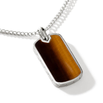 John Hardy Mens Tiger Eye Dog Tag Pendant Necklace in Sterling Silver