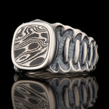 William Henry ECHELON DAMASCUS Steel and Sterling Silver Ring for Men