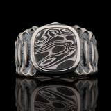 William Henry ECHELON DAMASCUS Steel and Sterling Silver Ring for Men - Front View