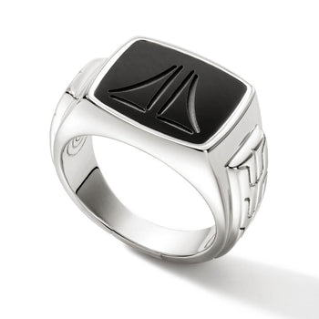 John Hardy Mens Silver Signet Ring with Carved Black Onyx Stone - Side View