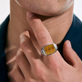 Model Wearing John Hardy Mens Silver Signet Ring with Carved Tiger Eye Stone