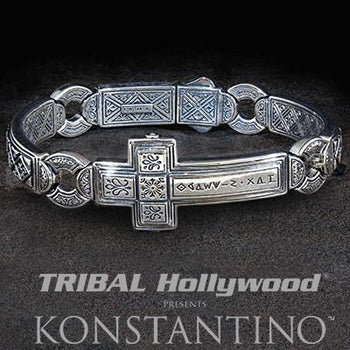 Konstantino Greek 3D Cross Sterling Silver Mens Bracelet