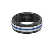 Triton VOLTAGE RING Black Tungsten Carbide Ring for Men with Blue Stripe