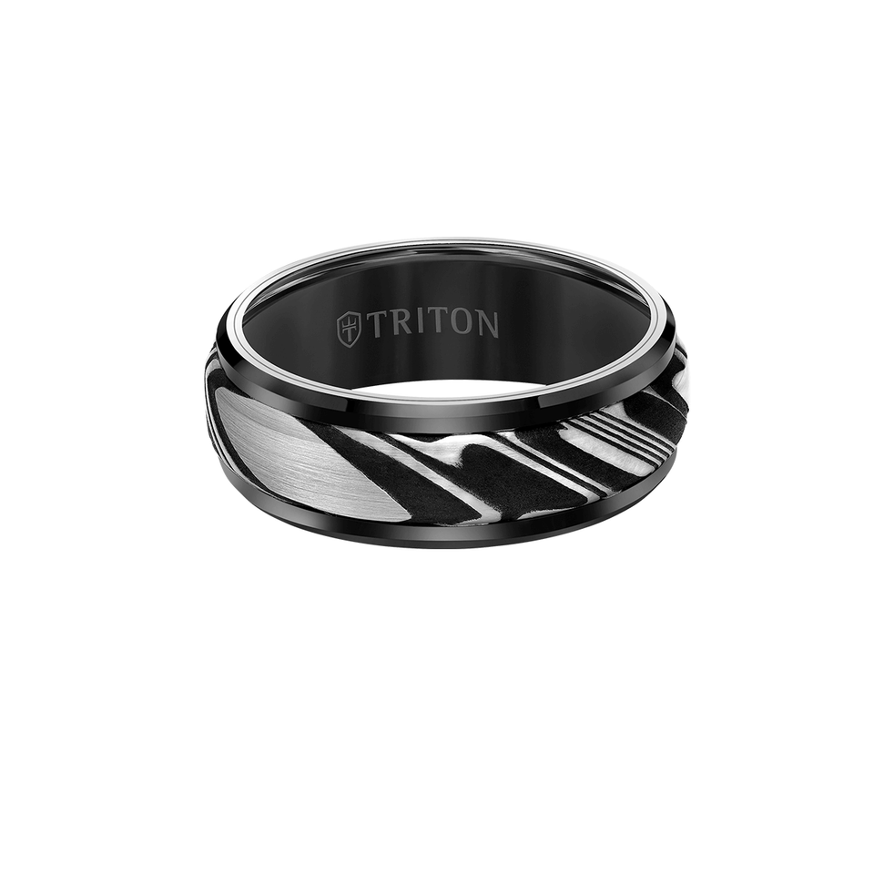 Triton WOOTZ RING Black Tungsten Carbide and Damascus Steel Mens Ring