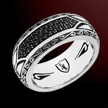 Scott Kay BLACK SAPPHIRE MEDIUM Sparta Engraved Ring for Men in Sterling Silver