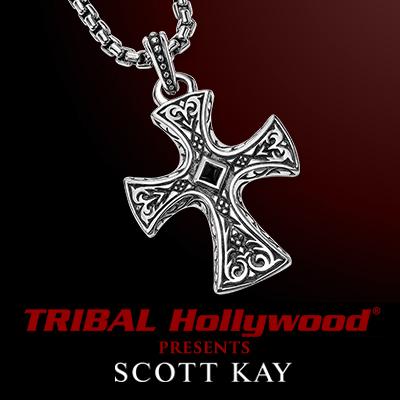 Scott Kay MEDIEVAL CROSS Sterling Silver Mens Necklace w Onyx Inlay