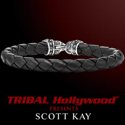 BRAIDED BLACK LEATHER Bracelet Medium Width with Scott Kay Sterling Silver Clasp