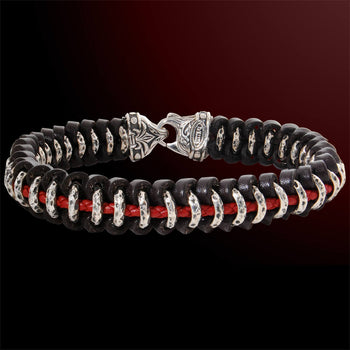 Silver HAMMERED RINGS Black and Red Leather Mens Bracelet by Scott Kay