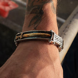 Model Wearing Petrichor ENCASED VIKING SWORD Celtic Warrior Bracelet by Keith Jack - Close-up