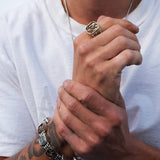 Model Wearing Petrichor LION RAMPANT Framed Mens Signet Ring by Keith Jack
