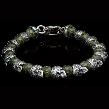 William Henry RELIANT Silver Skull and Green Serpentine Bead Bracelet