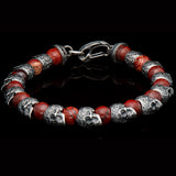 William Henry FIREBALL Silver Skull and Red Snakeskin Jasper Bead Bracelet