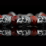William Henry FIREBALL Silver Skull and Red Snakeskin Jasper Bead Bracelet - Close-up