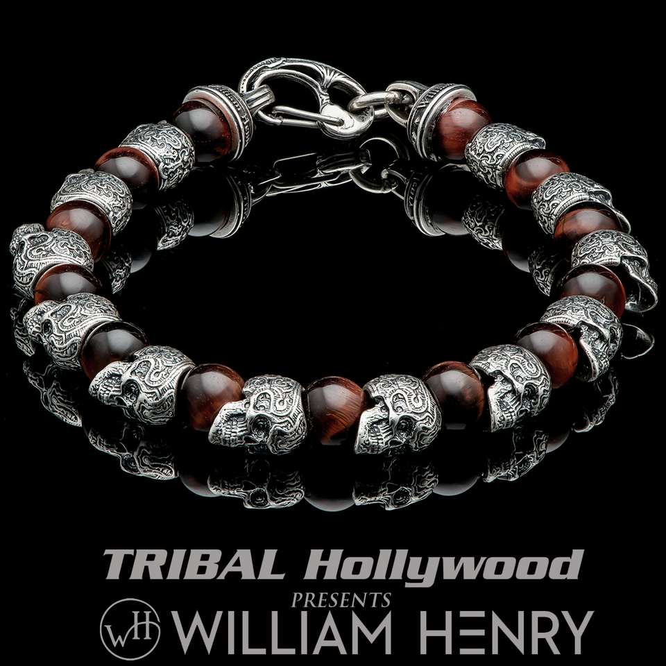 William Henry MOTIVATION Silver Skull and Red Tigers Eye Bead Bracelet