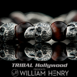 William Henry MOTIVATION Silver Skull and Red Tigers Eye Bead Bracelet