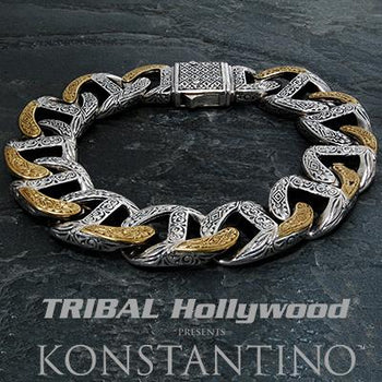 Konstantino SILVER AND BRONZE GREEK Scrollwork Mens Link Bracelet