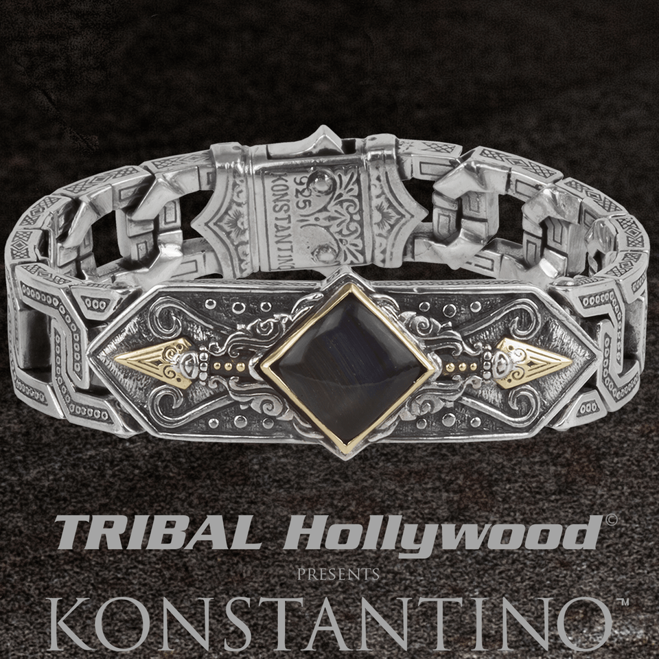 Konstantino GOLD HEPHAESTUS HAWKS EYE Stone Silver Bracelet for Men