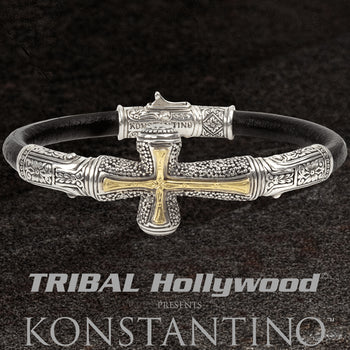 Konstantino GOLD STAVROS CROSS Leather Bracelet in Silver & 18k Gold