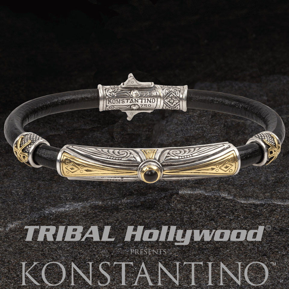 Konstantino ONYX GOLD CROSS Black Leather and Silver Bracelet for Men