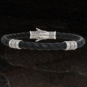 Konstantino Sterling Silver BARREL BEAD BLACK Leather Bracelet for Men