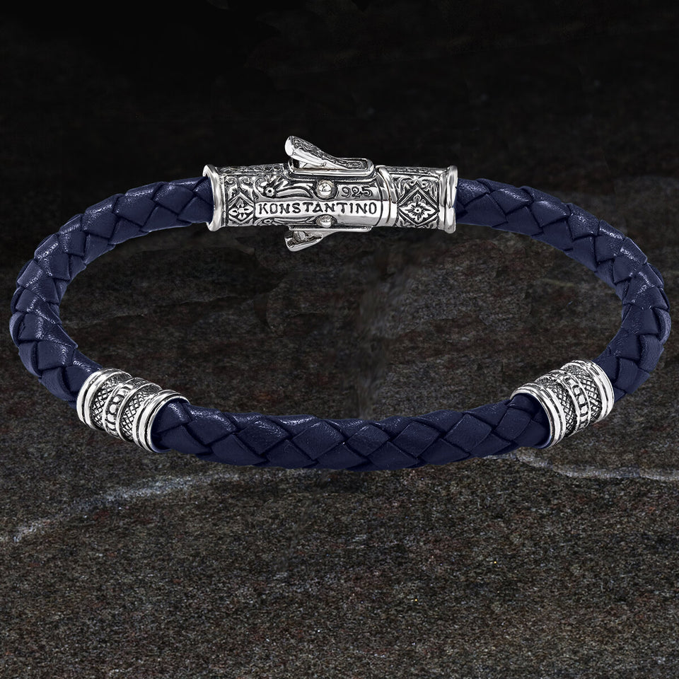 Konstantino Sterling Silver BARREL BEAD BLUE Leather Bracelet for Men